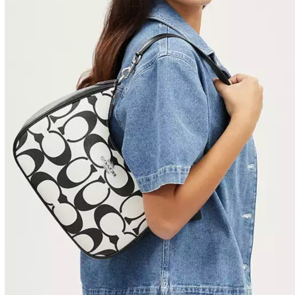 New Coach Teri Hobo In Signature Canvas Bag Black And White CC Logo